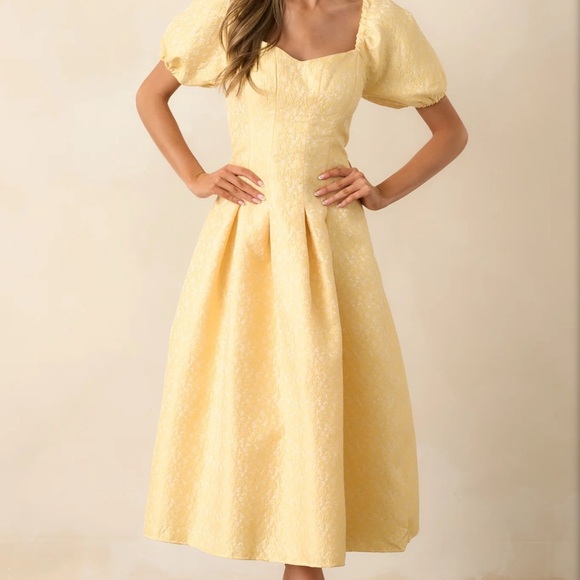B.Right SHINE SO BRIGHT YELLOW FLORAL JACQUARD PUFF SLEEVE MIDI DRESS Size Small - Picture 3 of 16
